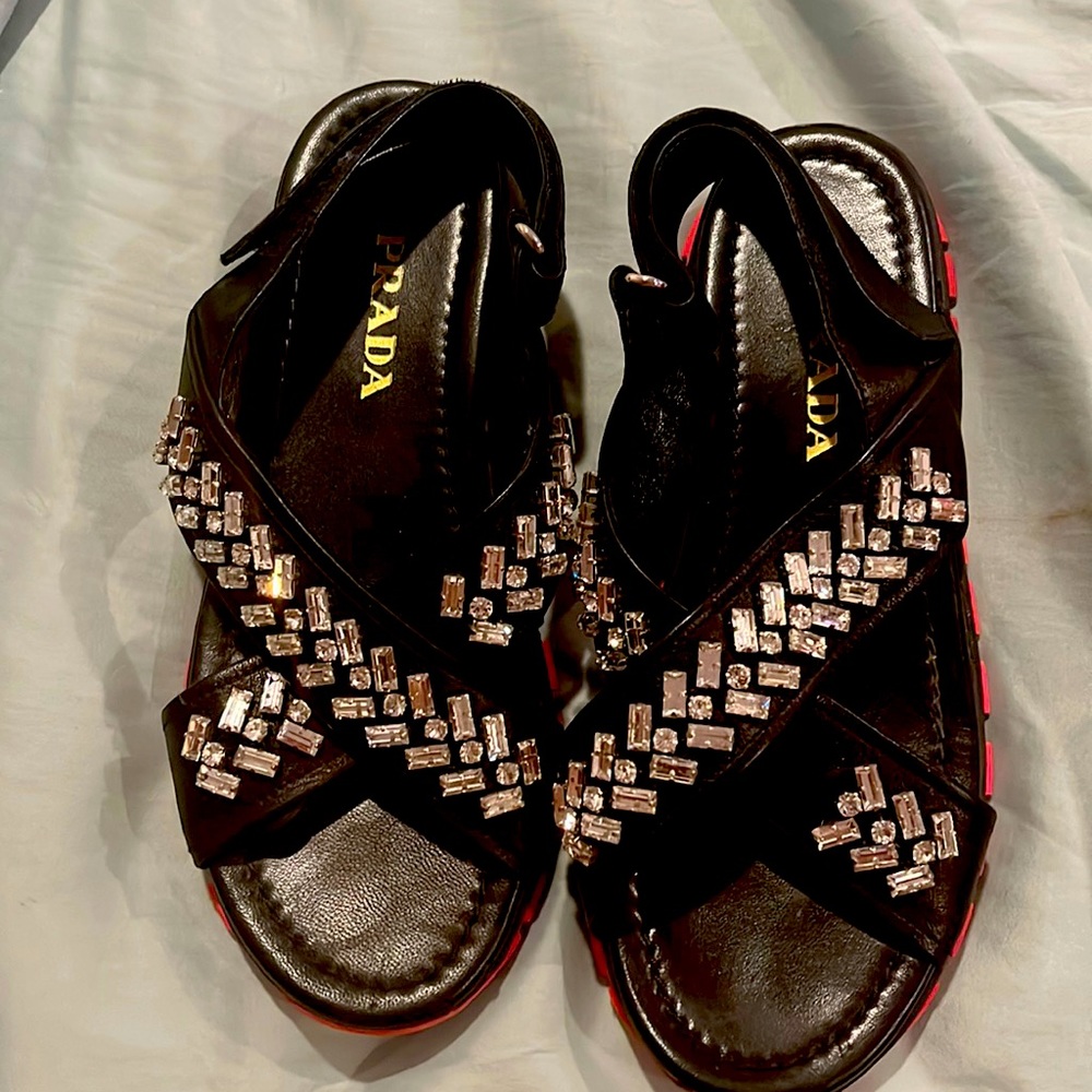 Authentic Prada black leather Jeweled Sandals Size 37